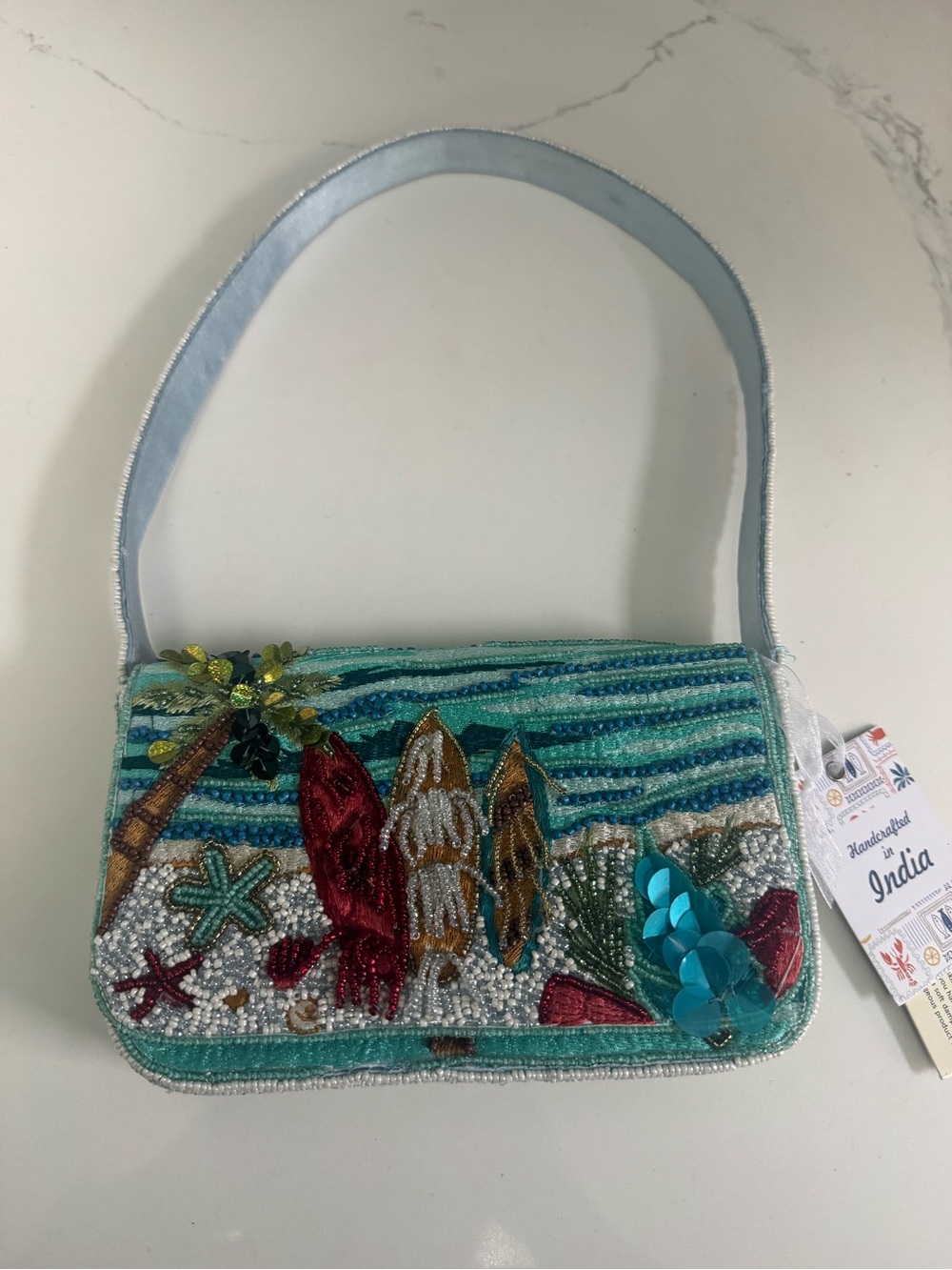 Surfboards and Palm-Trees Sequin Beach Motif Small Shoulder Bag - Aqua Blue NWT! - Picture 6 of 7